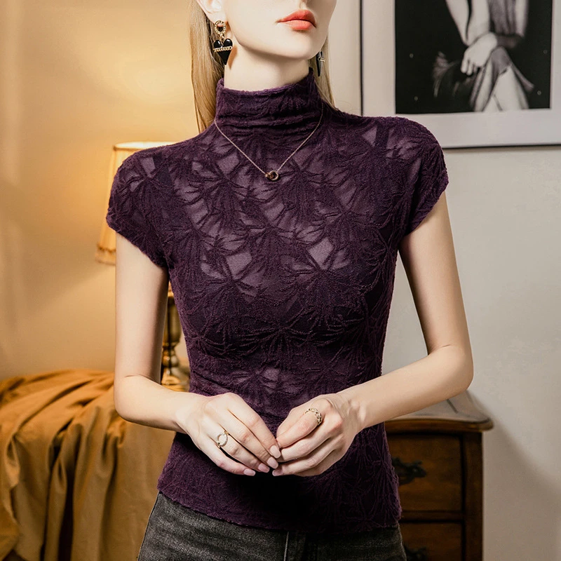 提花小高领蕾丝打底衫女短袖2025春季新款勾花镂空女装包袖上衣女