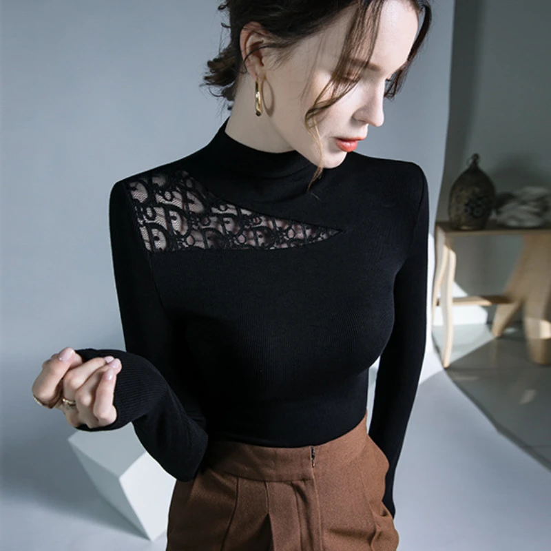 2025秋冬新款小高领黑色打底衫女镂空拼接长袖女洋气百搭修身上衣