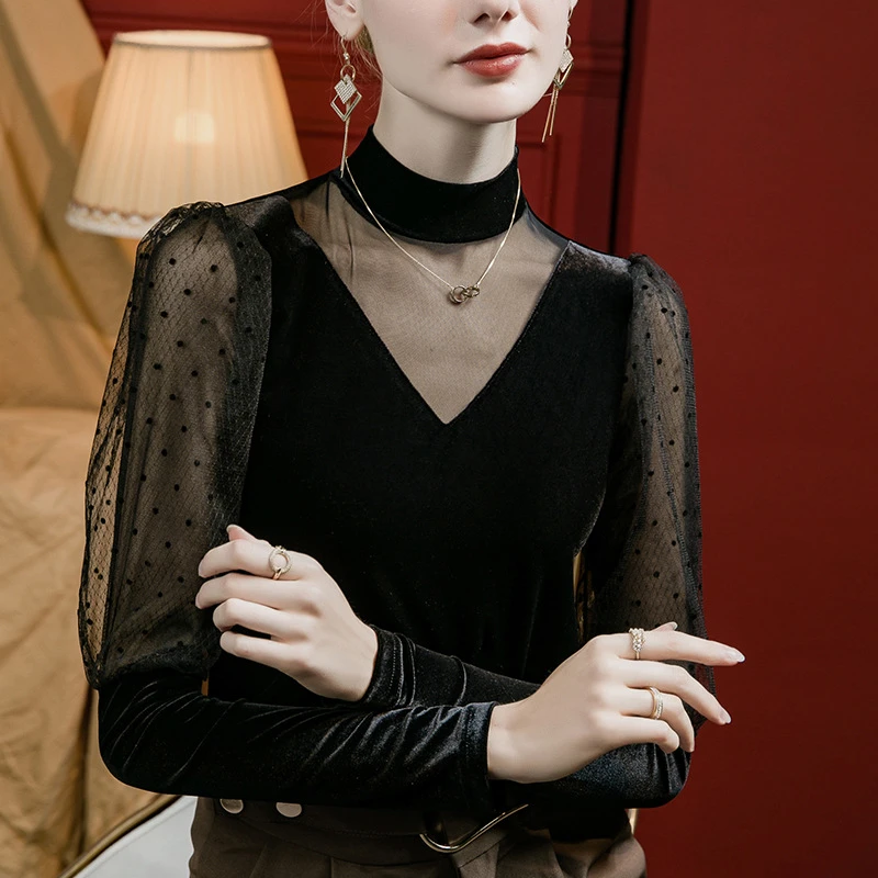 丝绒网纱拼接上衣女修身半高领2025春季新款御姐风洋气泡泡袖上衣