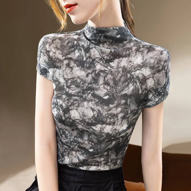 半高领打底衫女2025年新款女装洋气印花网纱欧货小衫内搭短袖上衣