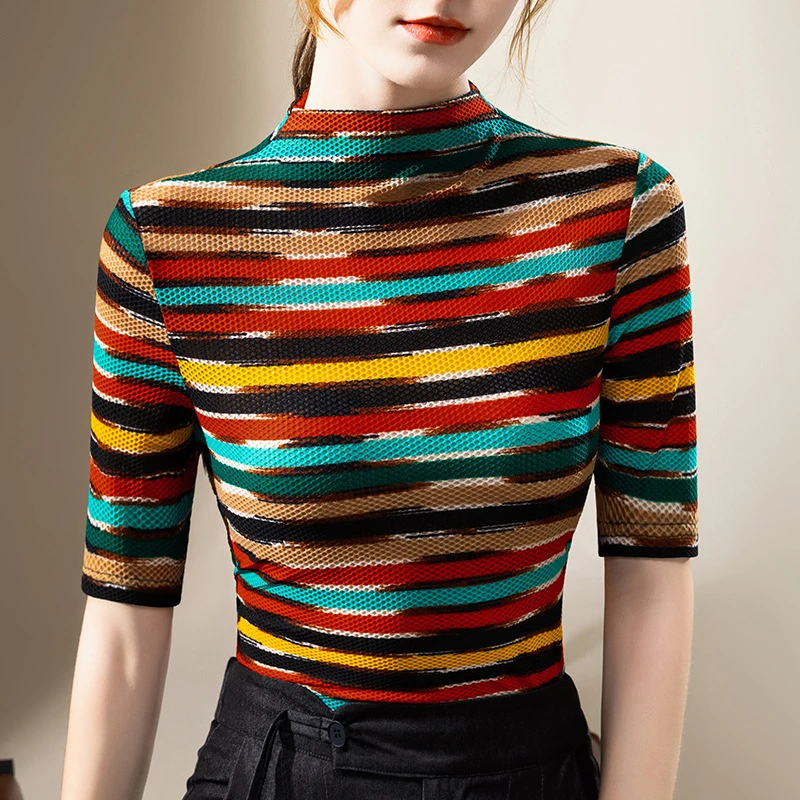 半高领打底衫女2025年新款女装撞色条纹中袖t恤收腰网纱洋气上衣