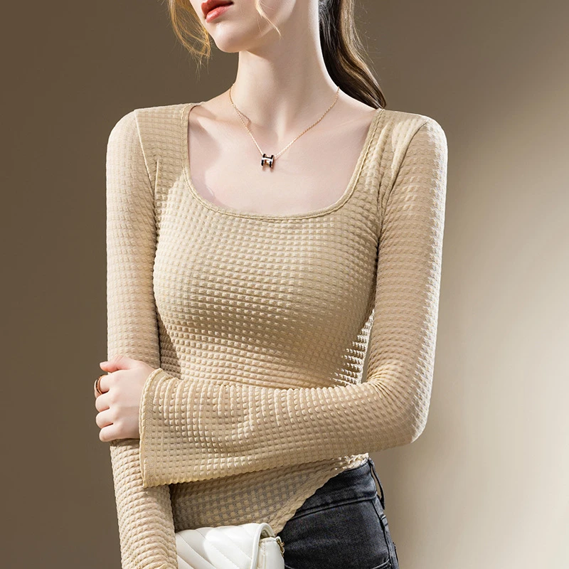 网纱打底衫女2024年新款女装漏锁骨方领长袖T恤薄款内搭压褶上衣