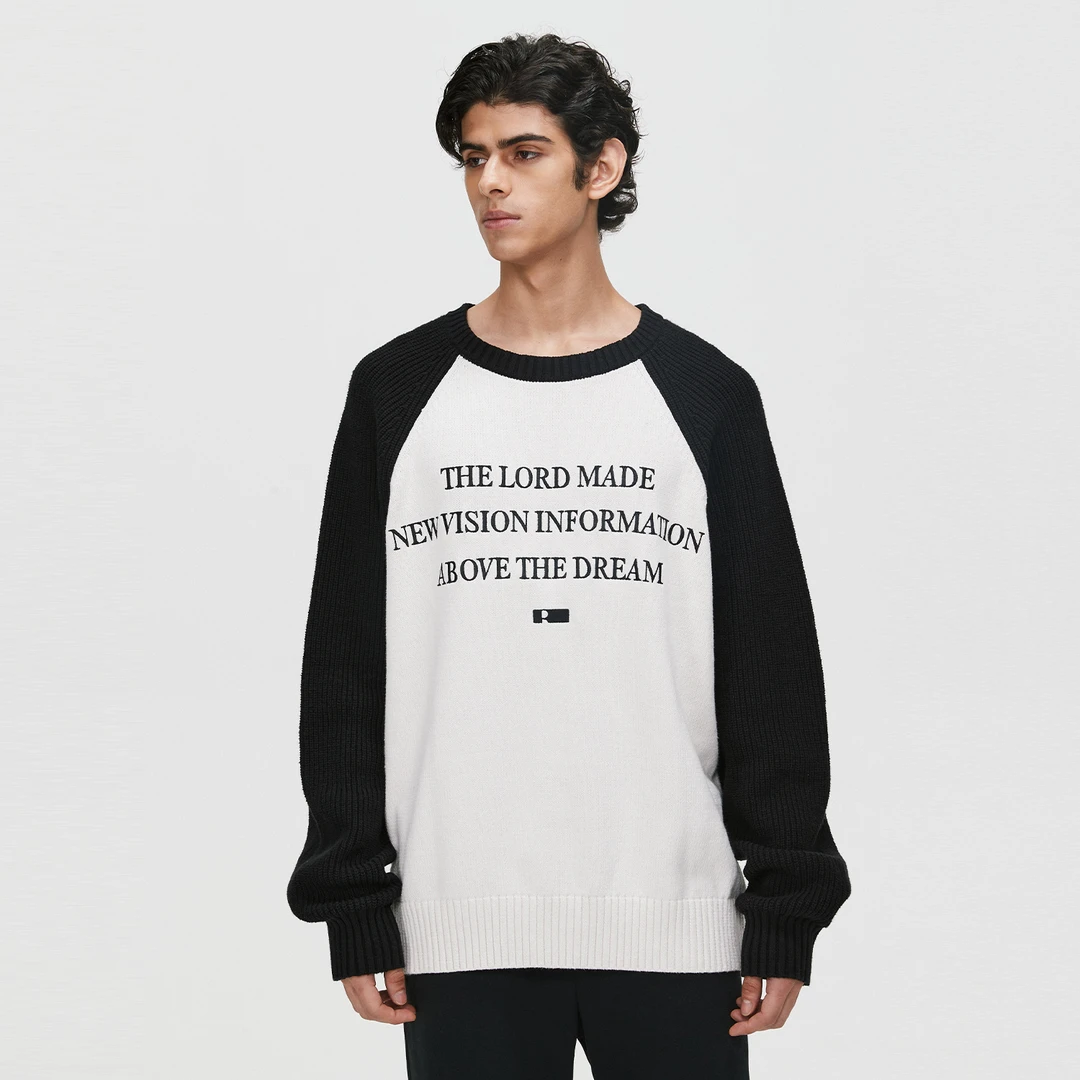 RASS撞色插肩圆领套头毛衣休闲情侣简约保暖提花男士长袖秋冬宽松