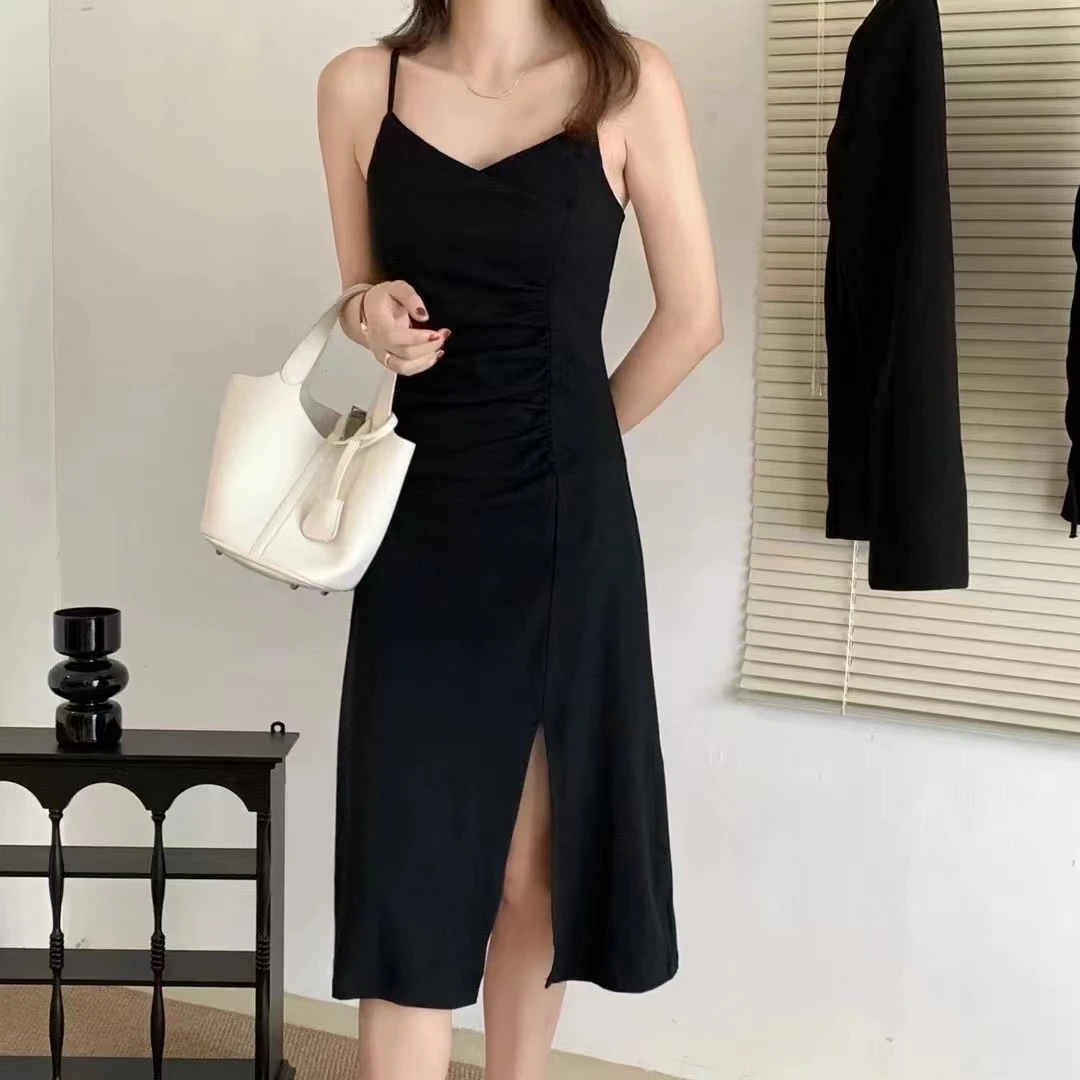 百搭黑色吊带连衣裙开叉连衣裙吊带小黑裙903