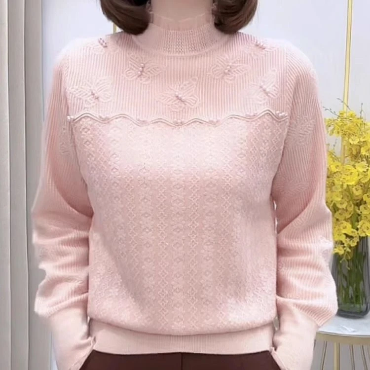 【ZW】洋气半高领针织蕾丝打底衫女秋冬2024年新款钉珠长袖内搭毛衣