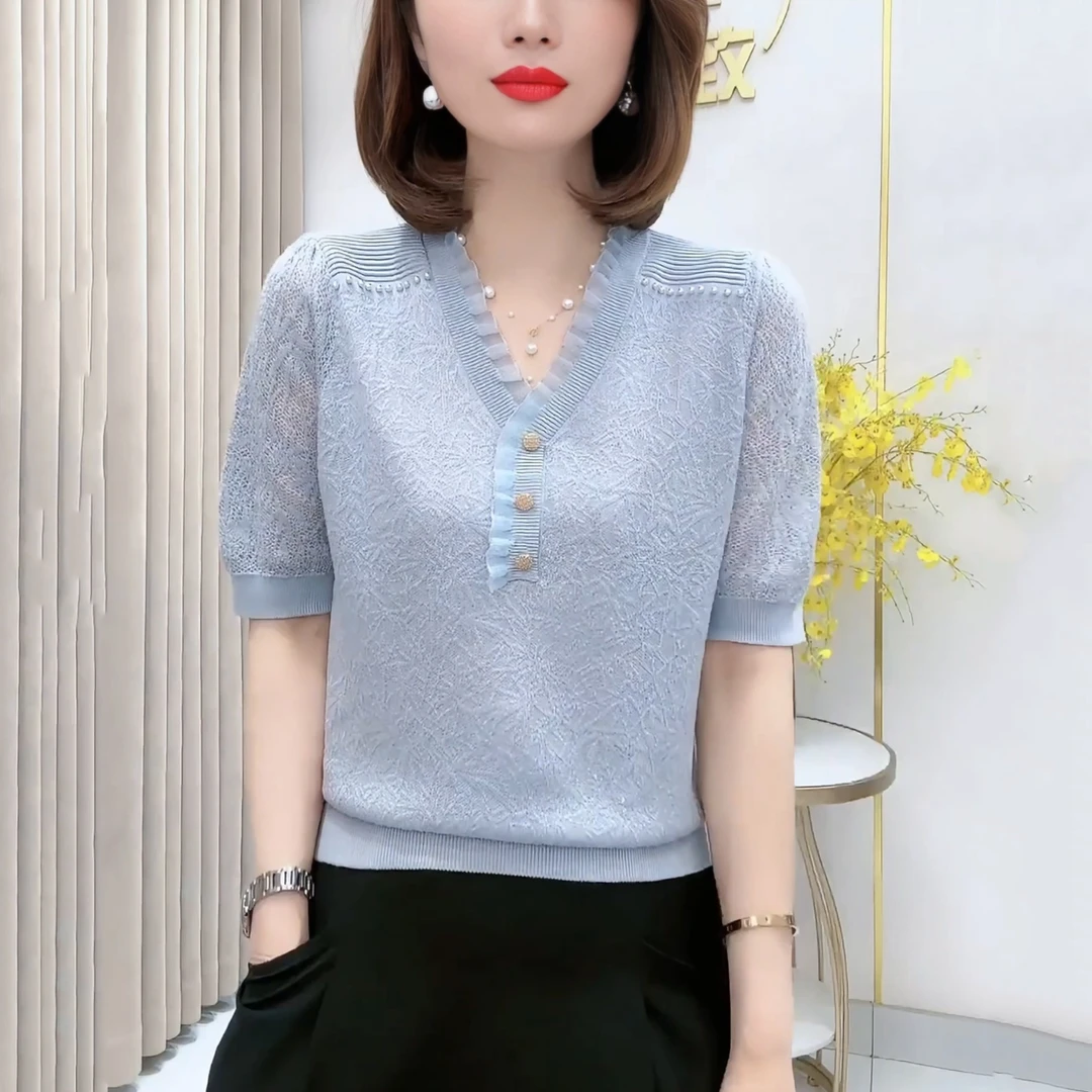 蕾丝V领钉珠天丝上衣女夏季薄款小香风冰丝针织衫宽松显瘦短袖t恤