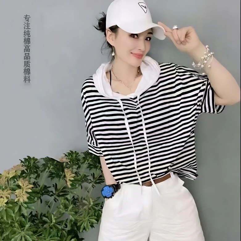 2024网红爆款大码女装连帽t恤夏季洋气遮肉宽松显瘦减龄条纹短袖