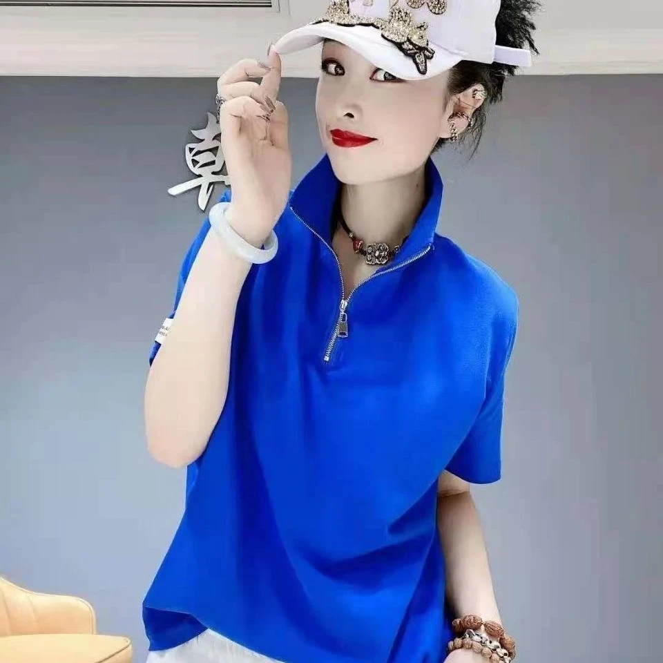 复古薄款时尚拉链短袖宽松t恤女夏季新款气质百搭弹力显瘦上衣潮