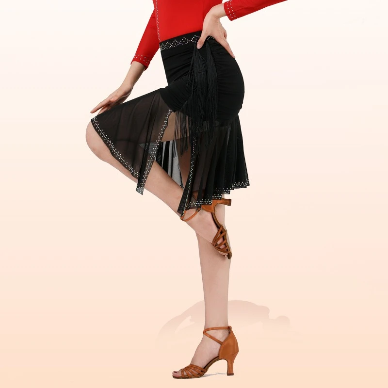 时尚新款汉舞王花式伦巴舞蹈裙交谊舞裙流苏中裙开叉网纱裙半身裙