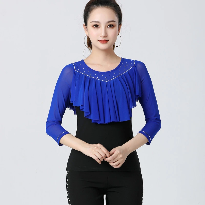 新款舞蹈服蓝色广场舞服装女长袖网纱演出服三步踩交谊舞跳舞衣