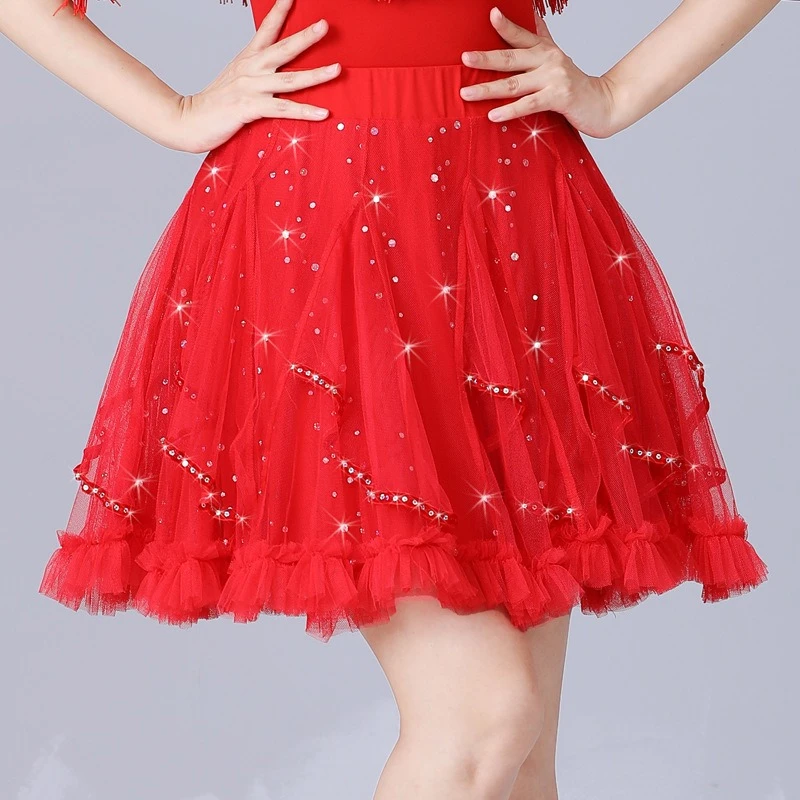 （老师同款）广场舞短裙跳舞裙水兵舞裙子大红色舞蹈裙夏网纱裙女