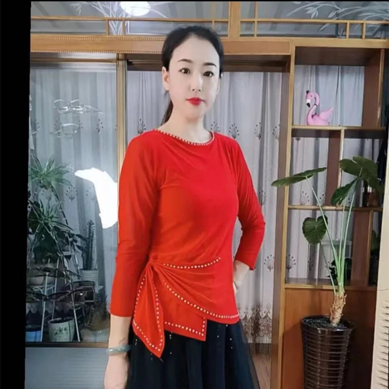 镶钻广场舞服装女水兵舞上衣打底衫长袖T恤跳舞衣秋季舞蹈服洋气