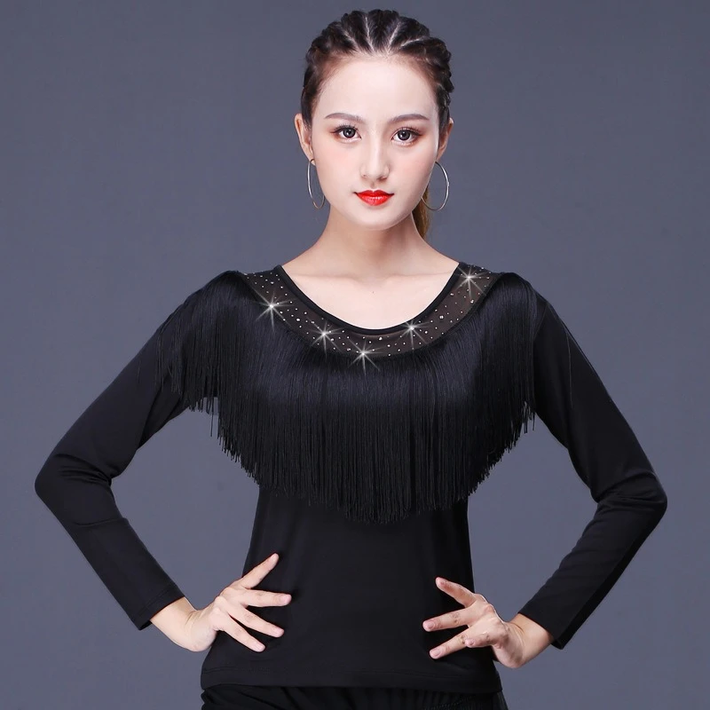 流苏网纱摩登舞上衣女新款广场舞蹈服秋季交谊舞衣国标舞拉丁舞服