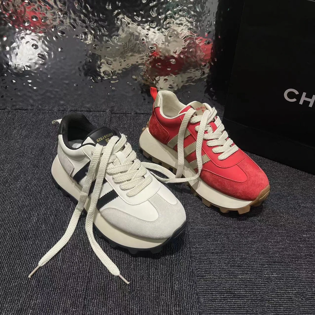 【福利】XH 黑白杠杠拼色透气休闲系带厚底阿甘鞋女鞋