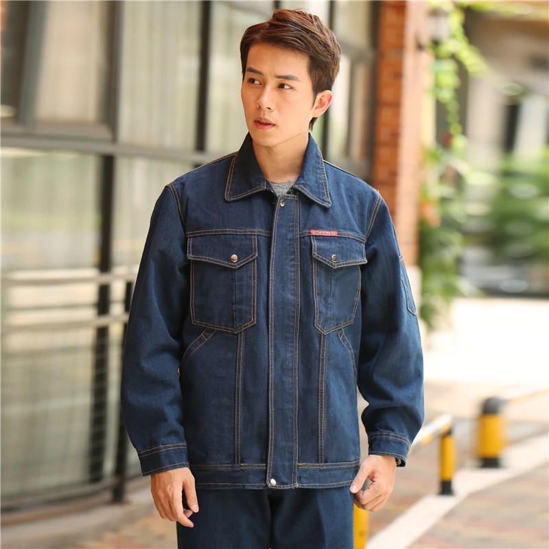 秋冬牛仔工作服套装男加厚电工电焊工机修劳保服耐磨劳保工作服