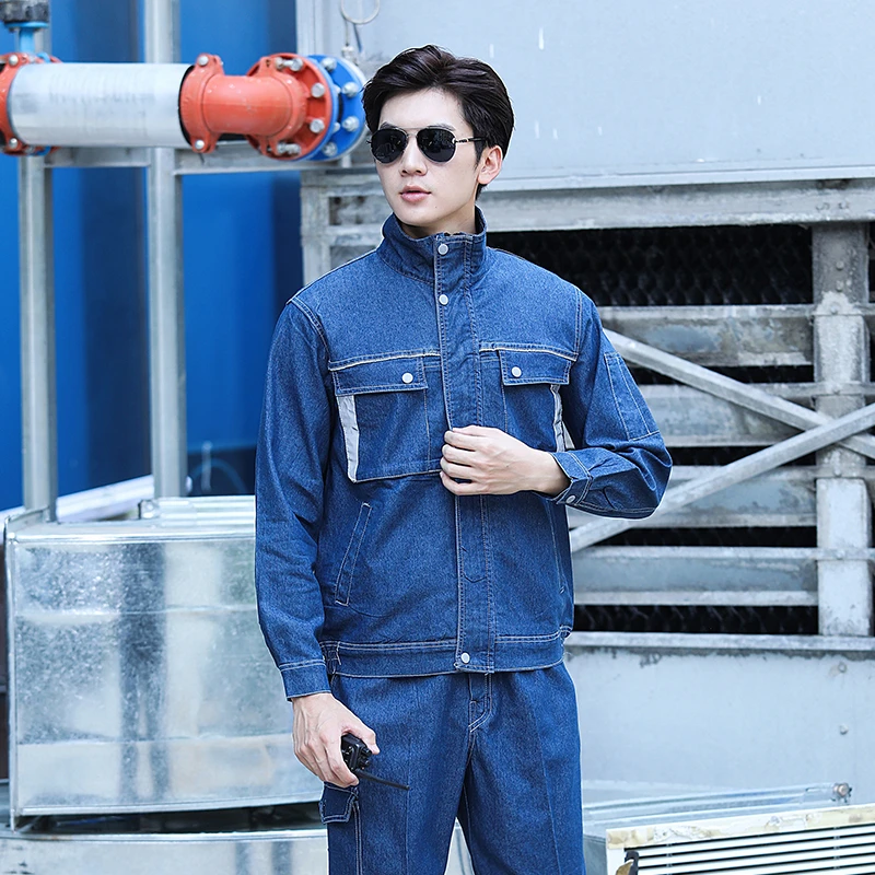 夏季弹力薄款牛仔长袖工作服套装耐磨耐用电工电焊工汽修工装厂服