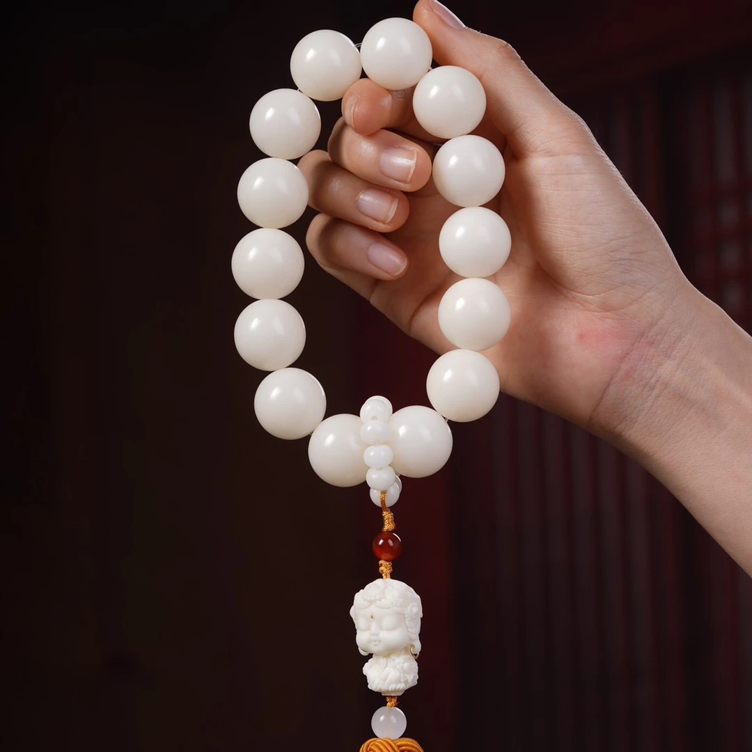 天然大白白玉菩提手持手串20mm搭配度母吊坠流苏文玩手串