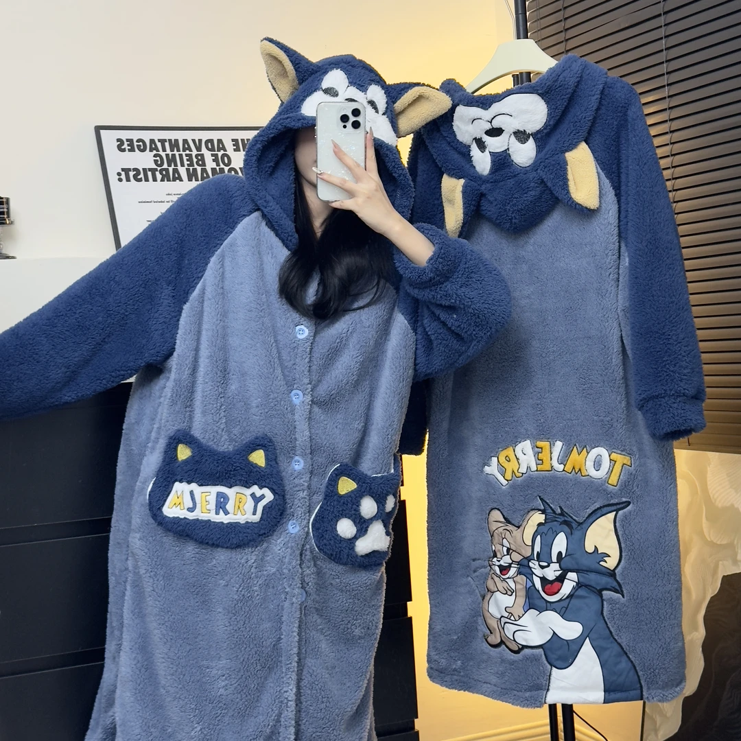 【猫和老鼠】睡袍情侣款冬季加厚加绒保暖超长款连帽毛绒家居服套装