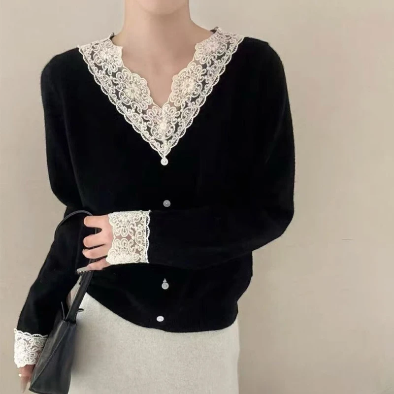 2024春秋新款上衣女长袖开衫5645显瘦气质网红针织时尚百搭黑色