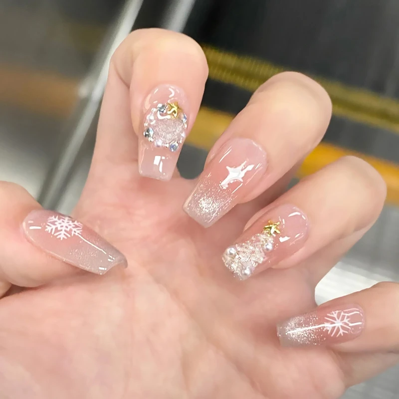 （中）雪花圣诞树法式猫眼穿戴式指甲片成品美甲