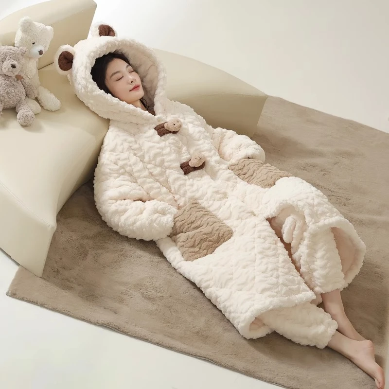 睡衣女冬季款三层夹棉珊瑚绒睡袍加绒加厚保暖家居服2023新款套装