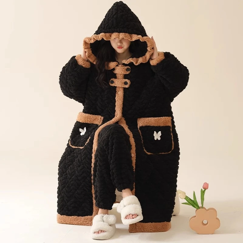 睡衣女秋冬季珊瑚绒三层夹棉睡袍加绒加厚保暖2023新款家居服套装