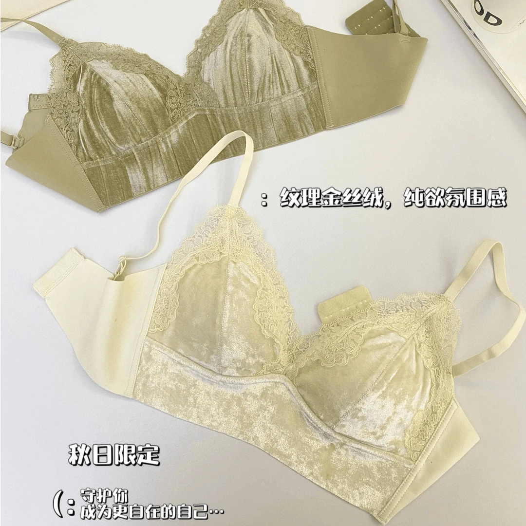 【轻奢丝绒蕾丝内衣】性感纯欲固定胸垫无钢圈柔软舒适美背氛围感