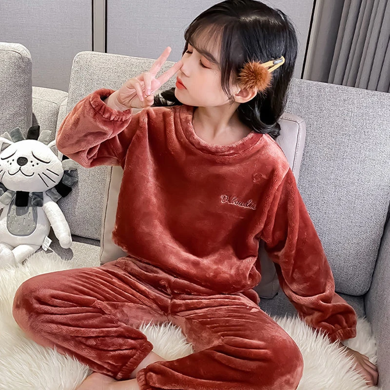 女童睡衣秋冬季加厚儿童暖暖裤套装亲子家居服法兰绒保暖套装中童