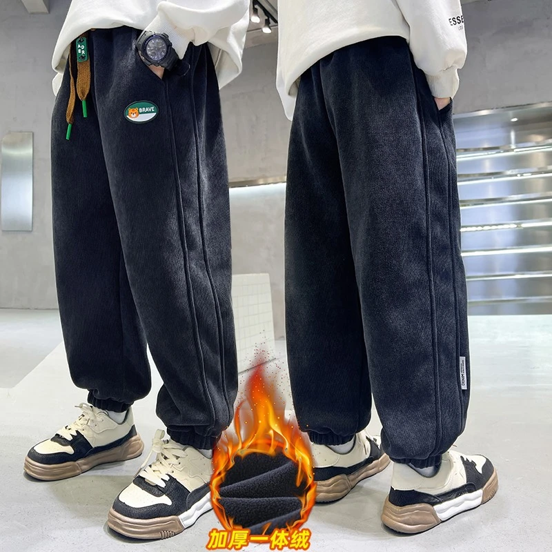 男童加绒裤子一体绒加厚灯芯绒裤中大童长裤儿童装冬装2023新款潮