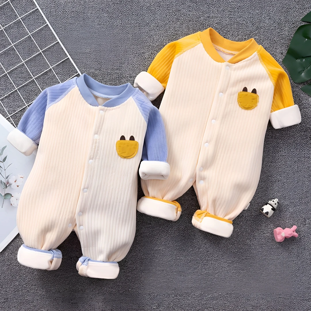 保暖秋冬幼儿爬服狮子拼色假兜棒球服春秋连体衣加厚睡衣哈衣