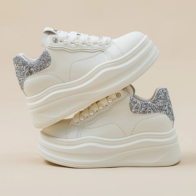 【增高7CM】女鞋2025年秋款百搭女式小个子单鞋真皮厚底休闲小白鞋