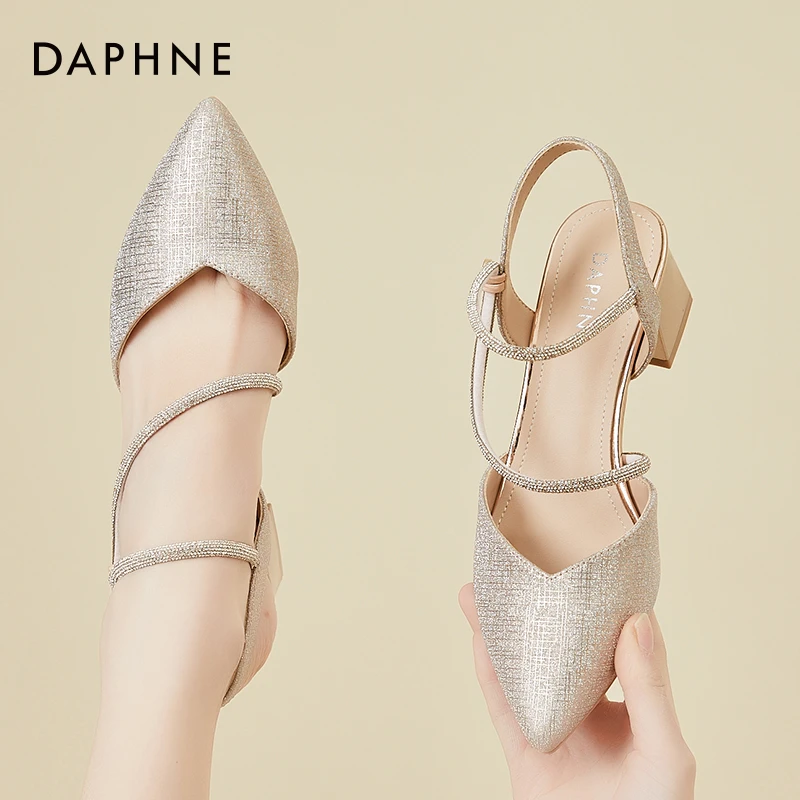 中跟方扣达芙妮包头水钻法式凉鞋女2025法式夏季感粗跟鞋子尖头高