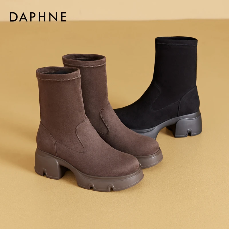 达芙妮高跟显瘦弹力靴2025年秋冬新款袜靴厚底瘦瘦靴复古女短靴子