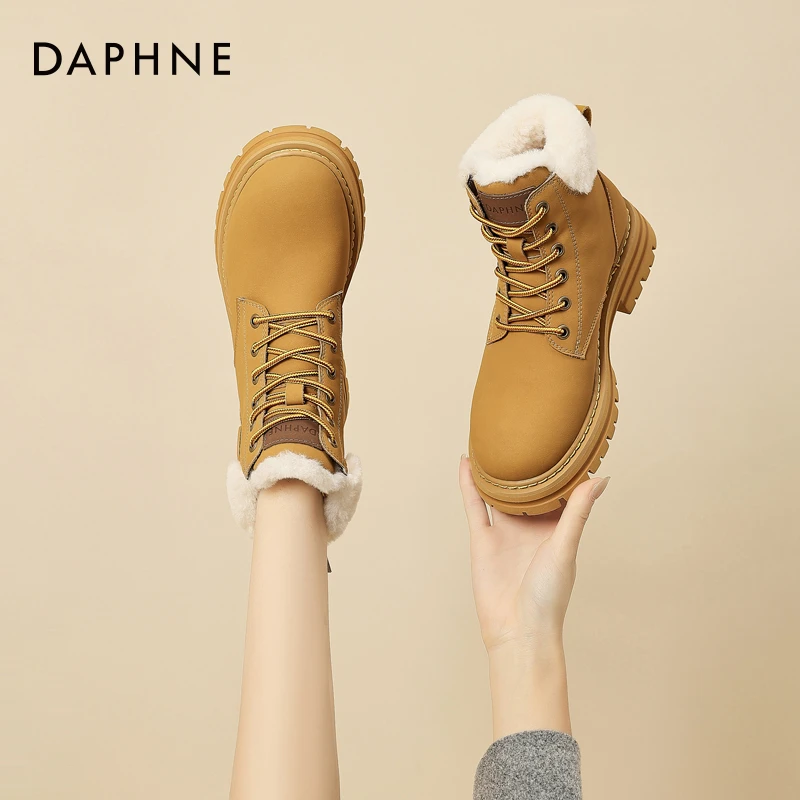 达芙妮雪地靴女加绒加厚女鞋2025款冬季东北大棉鞋真皮马丁靴子