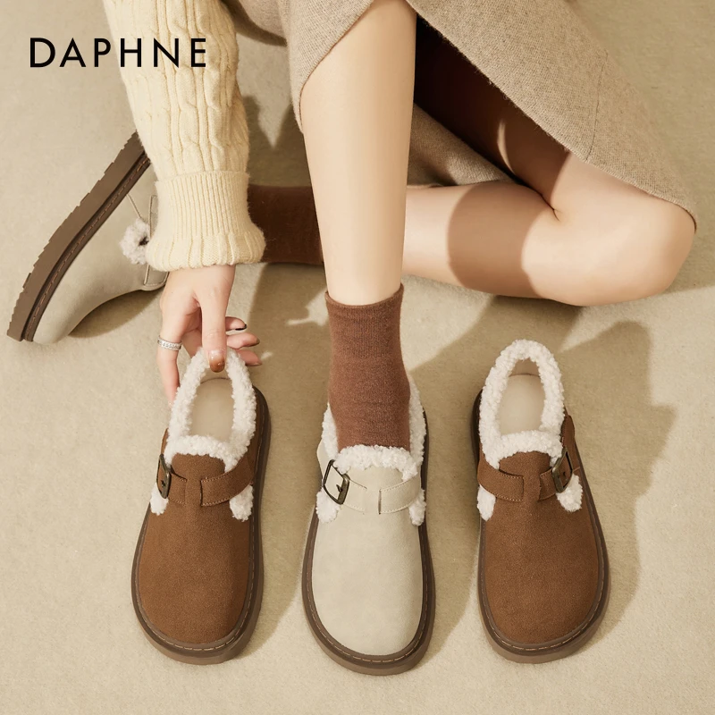 达芙妮棉鞋女2025年冬季新款保暖加绒平底毛毛扣带板鞋勃肯雪地靴
