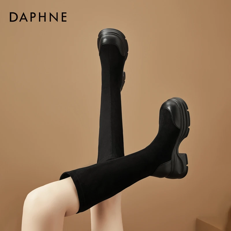 达芙妮长筒靴女2024年新款秋冬弹力瘦瘦靴绒面长靴厚底高筒骑士靴