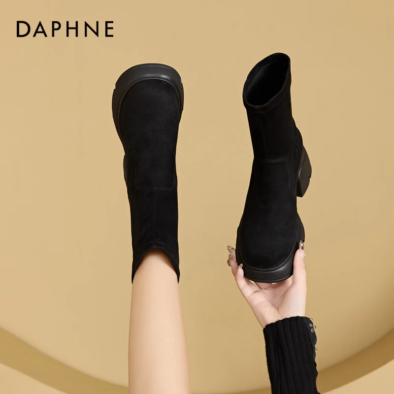 达芙妮高跟显瘦弹力靴2025年秋冬新款袜靴厚底瘦瘦靴复古女短靴子