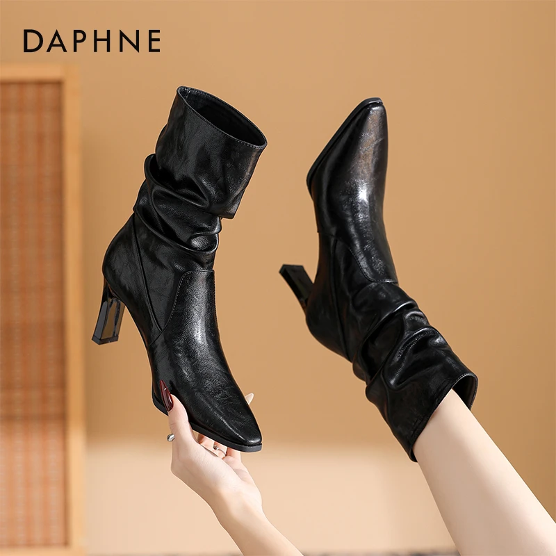 达芙妮时装靴女高跟2025年秋冬新款堆堆靴百搭瘦瘦靴尖头粗跟短靴