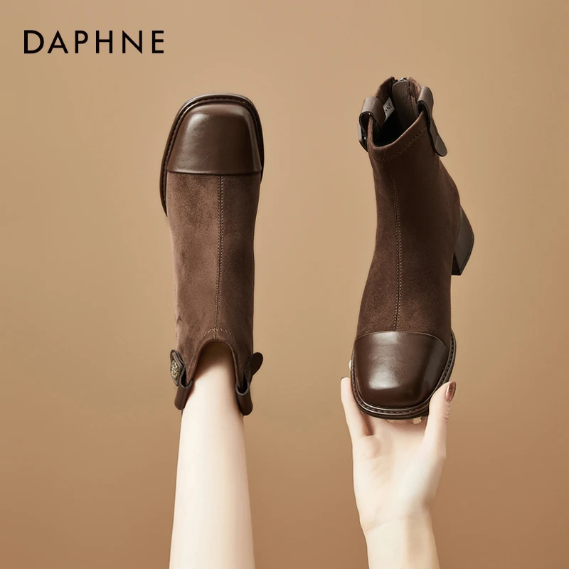 Daphne/达芙妮短靴女2025年春季新款法式靴子粗跟瘦瘦靴百搭单靴