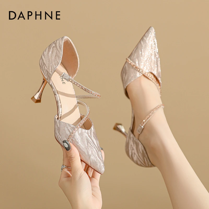 达芙妮包头水钻凉鞋女2025秋季新款单鞋绝美配裙子高跟鞋名媛婚鞋