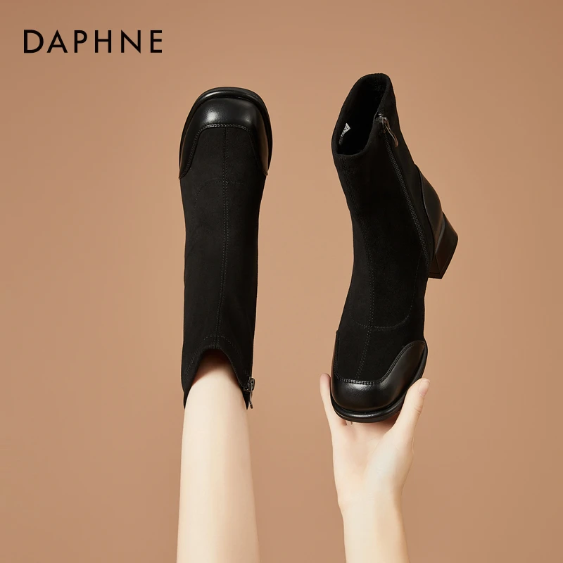 达芙妮粗跟时尚绒面短靴2024年新款秋冬气质通勤高跟百搭瘦瘦靴女