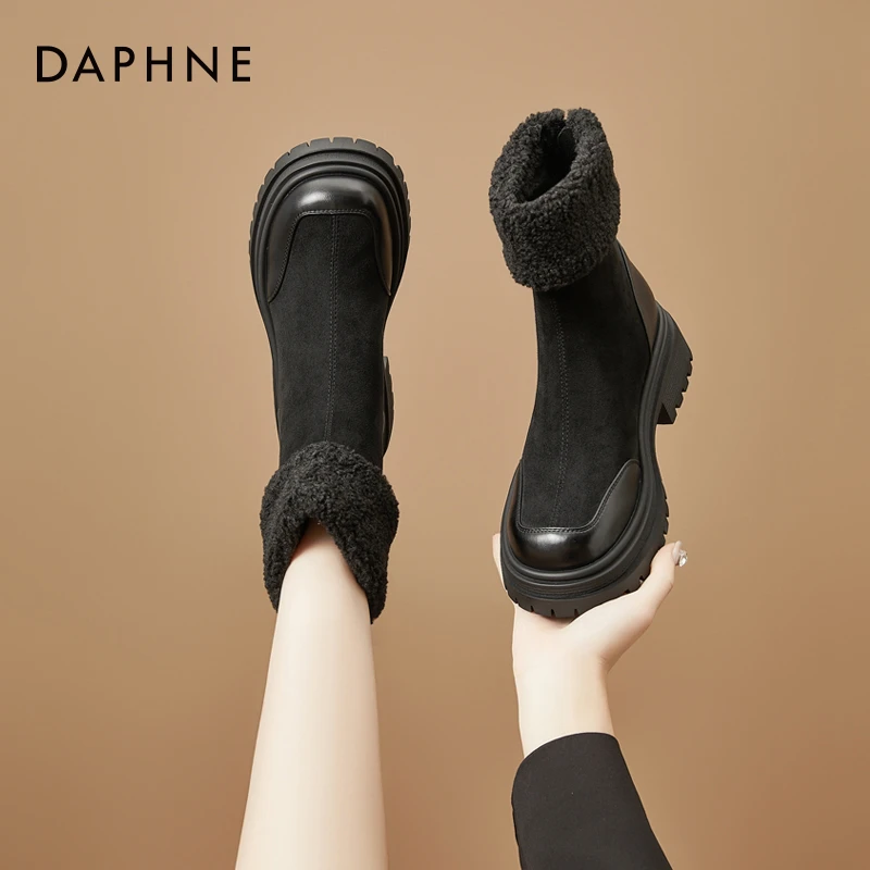 达芙妮厚底短靴女2025新款冬季单靴加绒加厚保暖切尔西靴弹力靴子