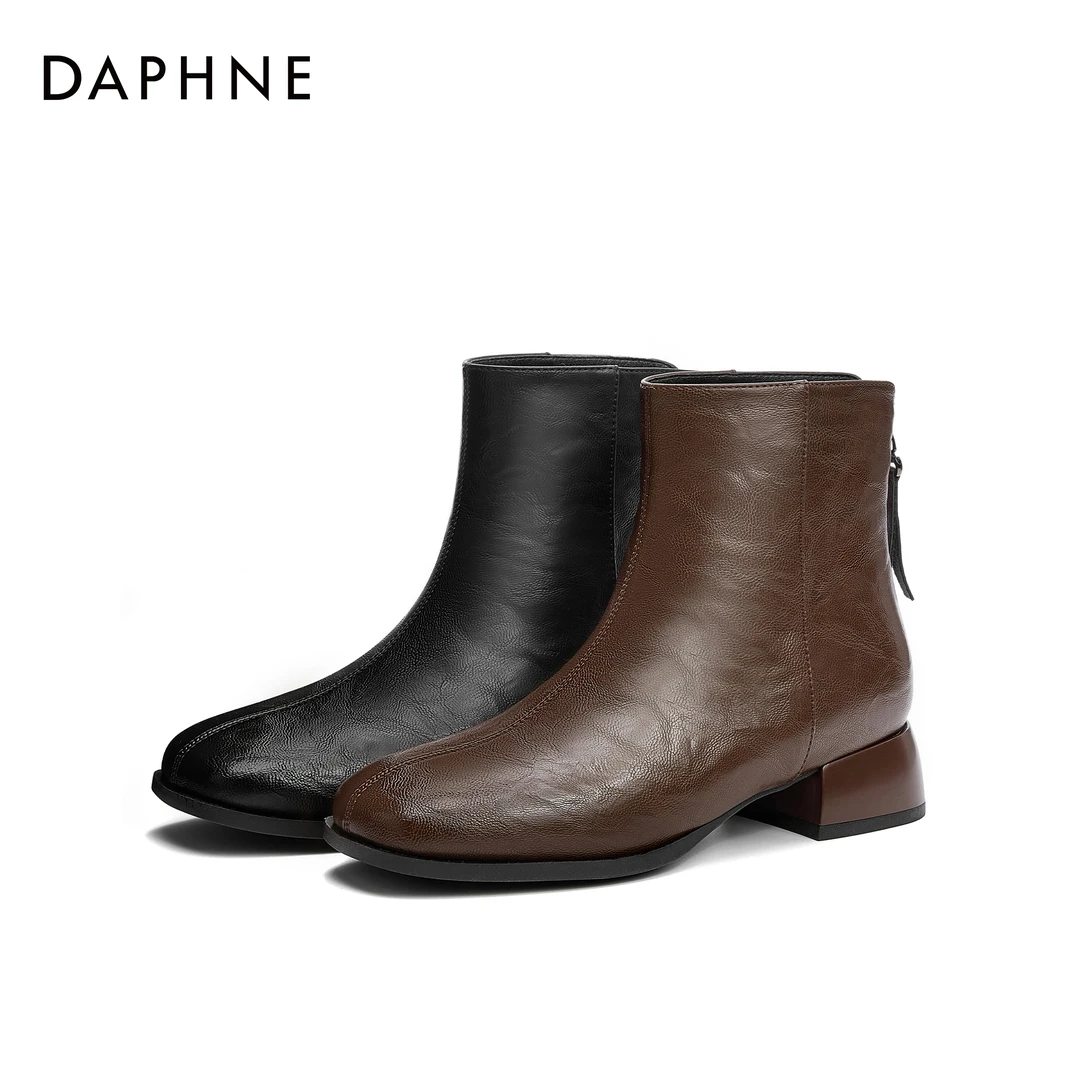 达芙妮复古平底方头切尔西短靴女2025秋冬新款软皮低跟英伦风短靴