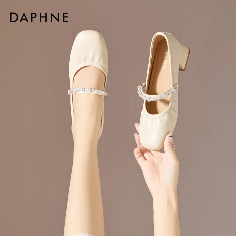 达芙妮时尚玛丽珍鞋女春季2025新款水钻一字带仙女风浅口粗跟单鞋