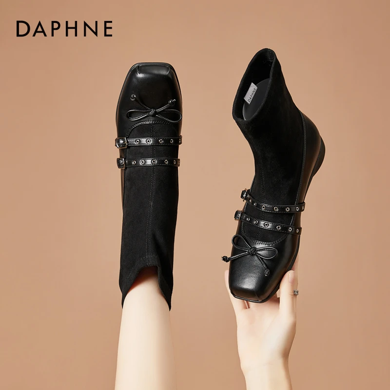 达芙妮粗跟短筒时装靴女2025年春秋新款气质名媛玛丽珍袜靴瘦瘦靴