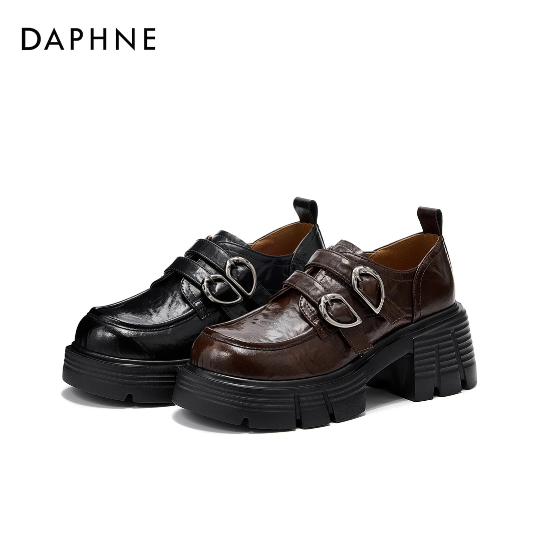 达芙妮粗跟乐福鞋女2025新款春季松糕鞋复古单鞋一脚蹬高跟小皮鞋