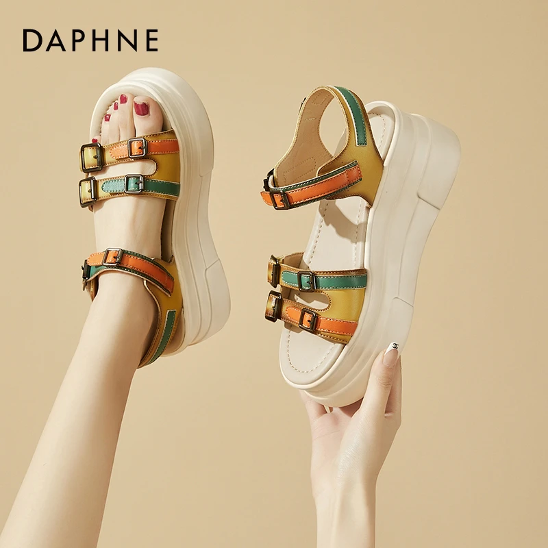 达芙妮厚底松糕鞋小个子增高凉鞋2025爆款夏季配裙子时尚真皮女鞋