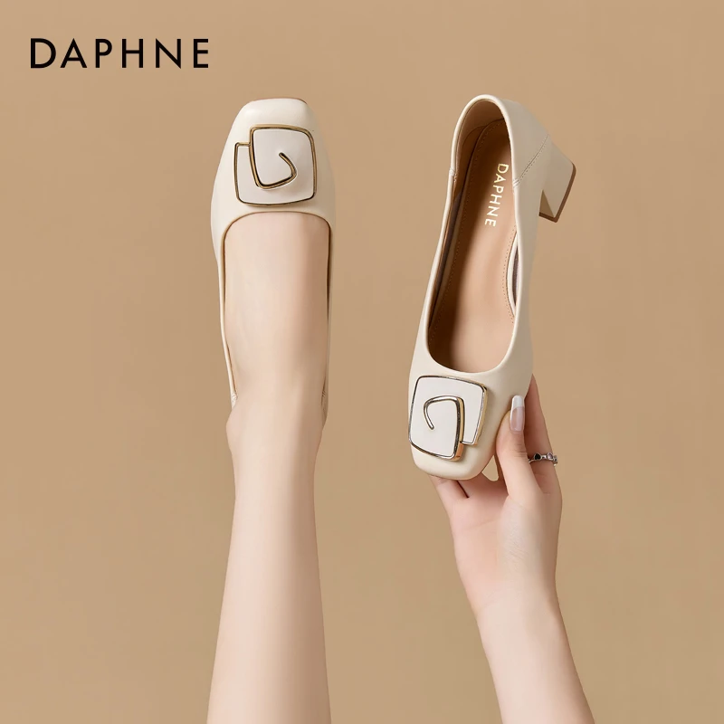 达芙妮真皮粗跟浅口单鞋女2025春一脚蹬气质时尚高跟鞋职业小皮鞋