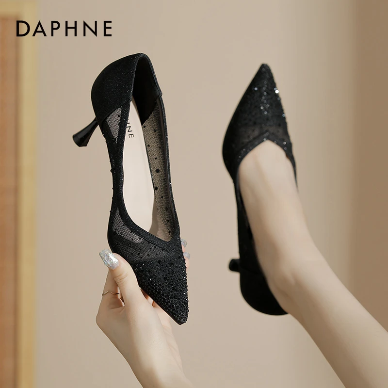 达芙妮细跟气质高跟鞋女2025舒适春季网纱透气仙女风配裙水钻单鞋