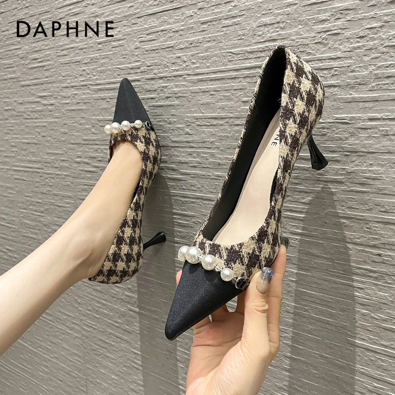 达芙妮小香风高跟鞋2025春季尖头法式单鞋千鸟格气质名媛细跟女鞋